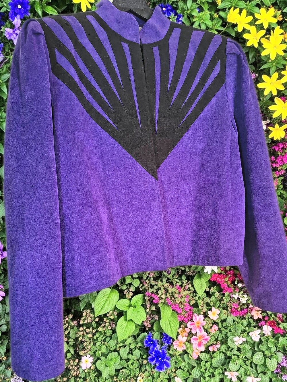 Purple Faux Suede Jacket with Black Geometric Inlay Size 14, NWOT